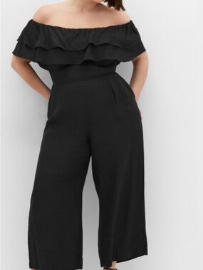City Chic Black Off-Shoulder Ruffle Wide-Leg Jumpsuit